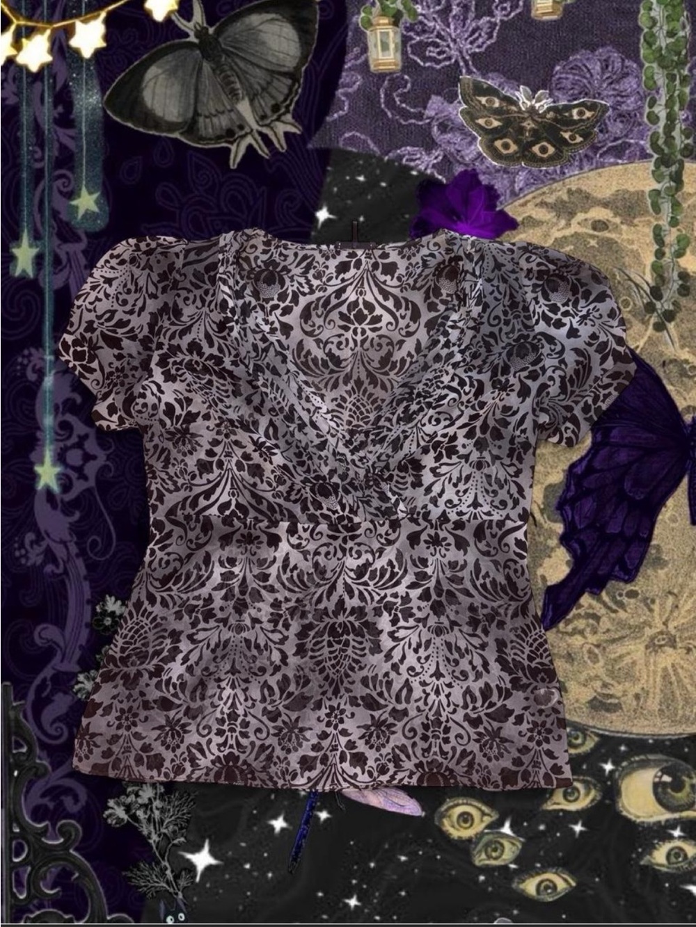 Y2K 2000s Daisy Fuentes Black and Grey Paisley Whimsygoth Sheer Babydoll Top